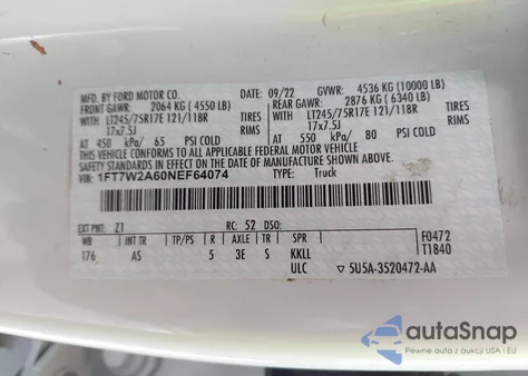 2022 Ford F250 Super Duty из США, поврежденный, VIN 1FT7W2A60NEF64074